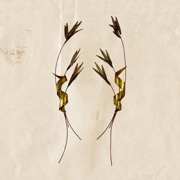 Vintage Brass Wheat Wall Sculptures • Pair of Mid Century Metal Wall Art - Picture 1 of 6